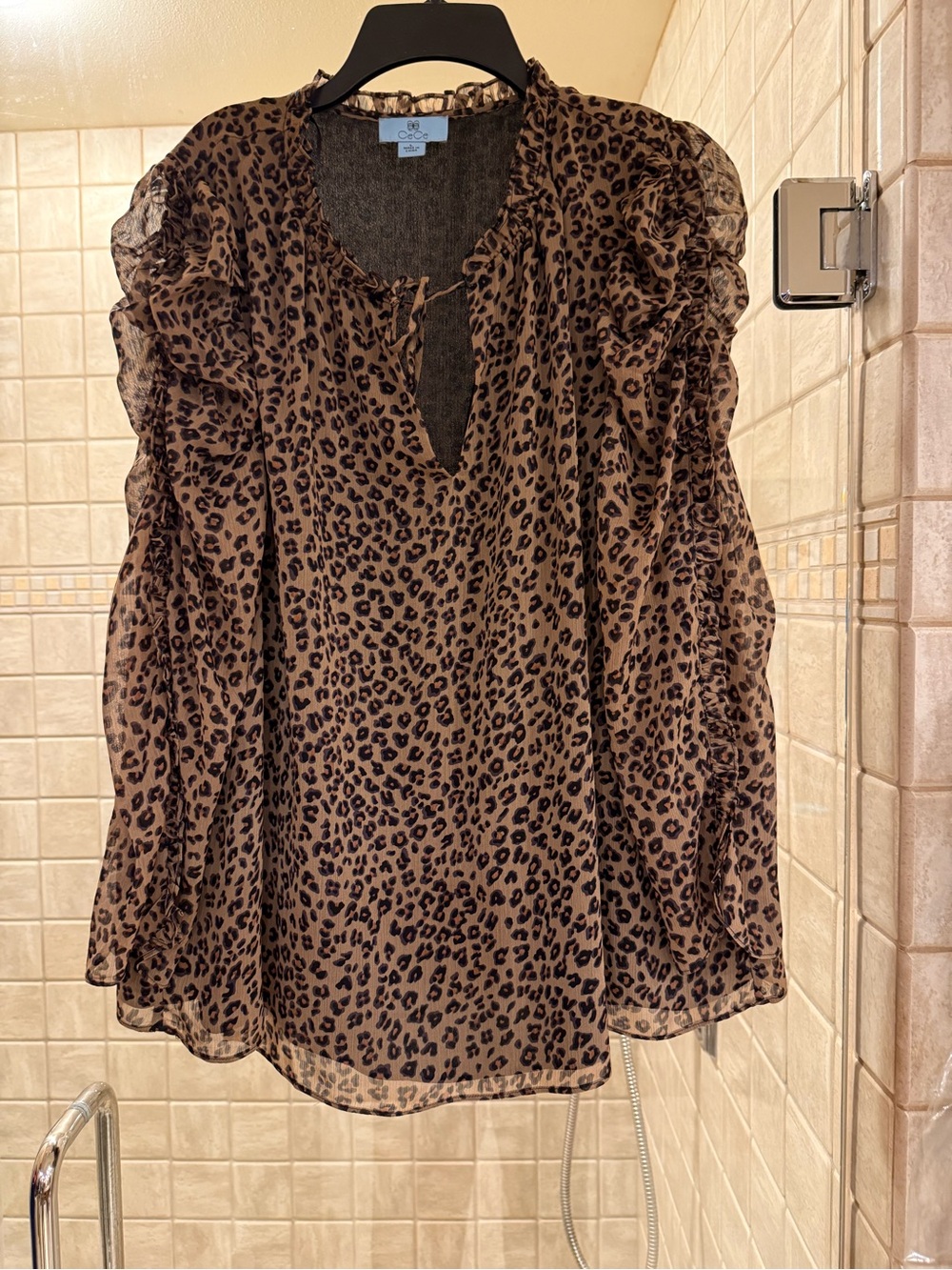 Cece Brown Leopard Print Ruffled Long-Sleeve Blouse (Lined)